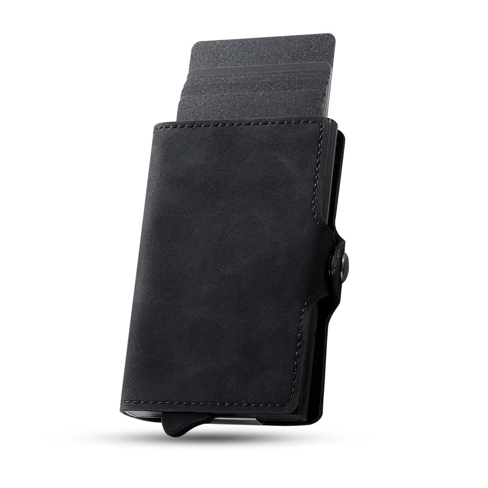 Aluminum Pop Up Card Holder Men PU Leather Minimalist Wallet with Zipper Pocket Credit