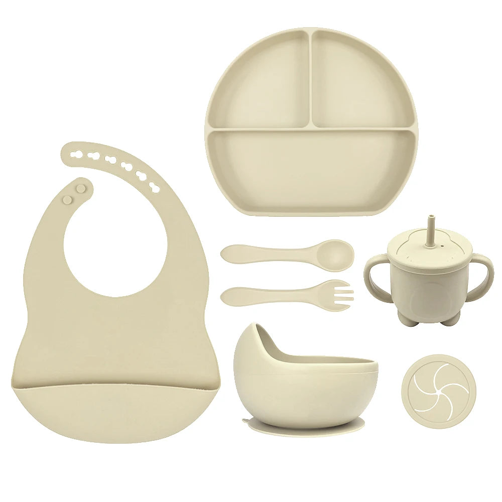 8pc Bebe Silicone Feeding Set Toddler Weaning Set Suction Bottom Infant Dining Tableware