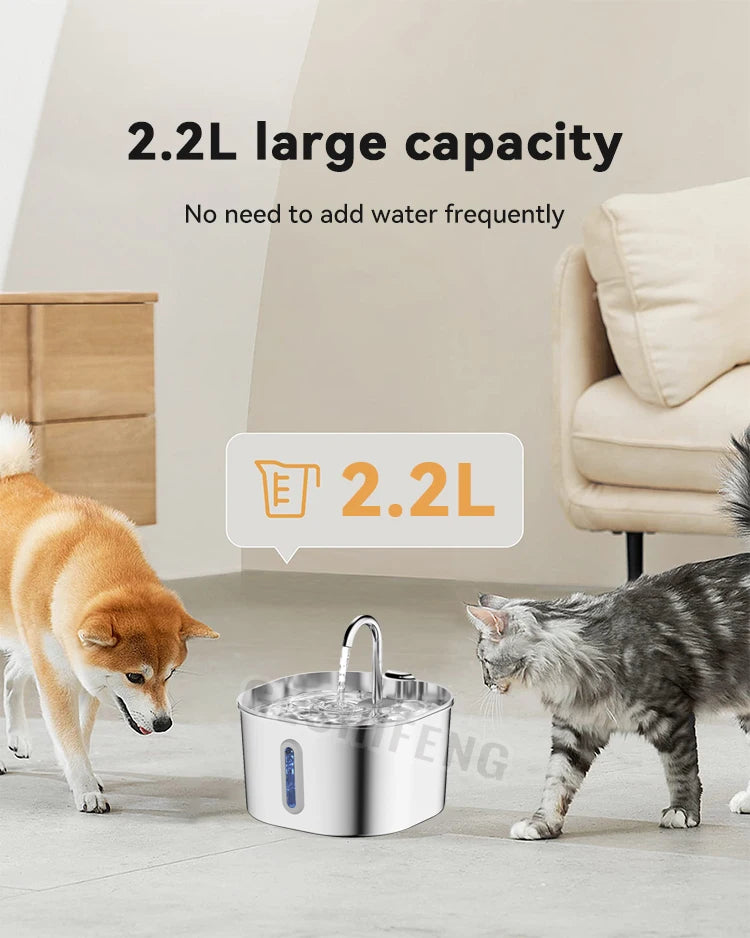 304 Stainless Steel Cat Water Fountain 2.2L AC Powered Automatic Pet Drinking Fountain