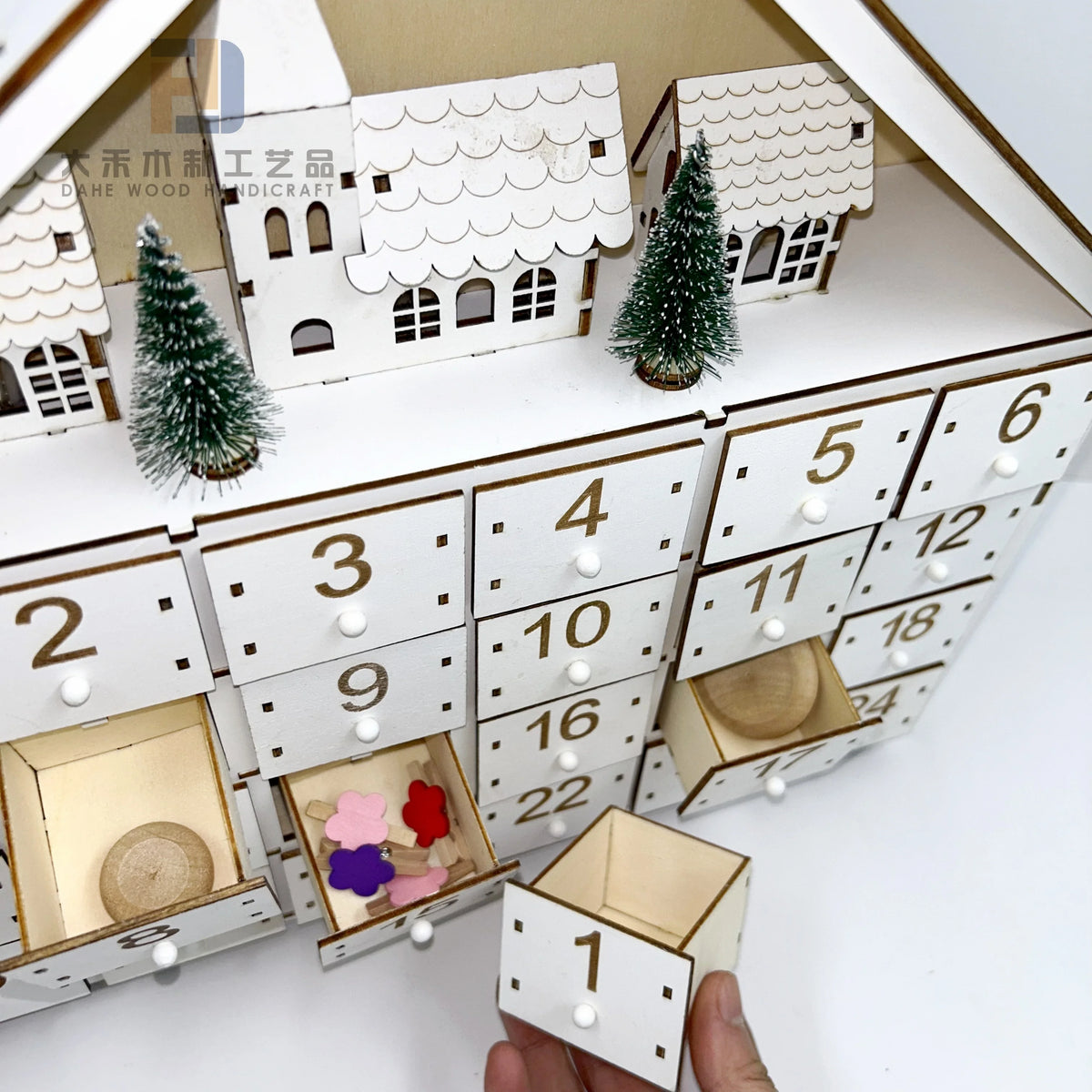 24 Day House Shaped Wooden Advent Calendar with 24 Drawer Box, Christmas Tree and LED