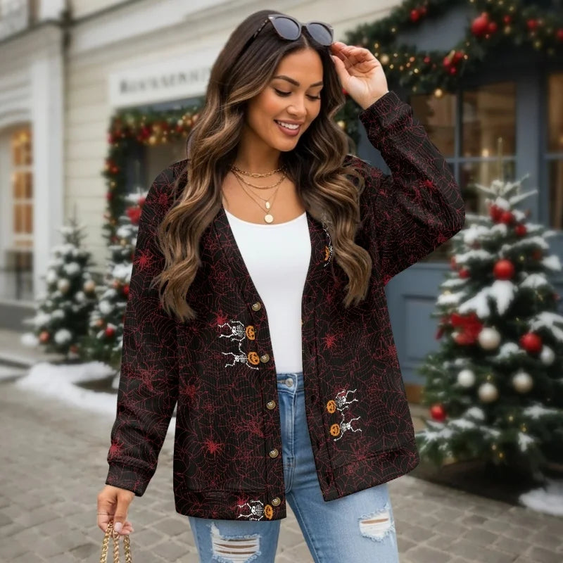 Women'S Breathable Thin Polyester Knit Cardigan Personalized Autumn Halloween Skeleton