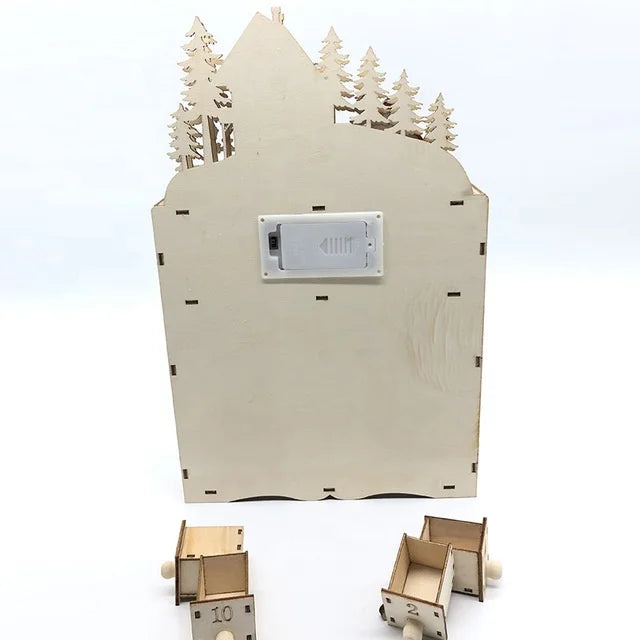 Creative Wooden Christmas Advent Calendar with 24 Opening Drawers and Led Light Family