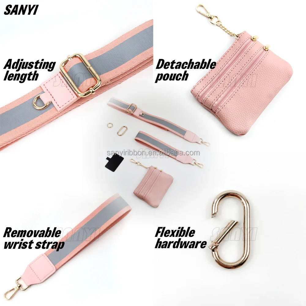 Reflective Strip Phone Strap With Zippered Pouch Adjustable Cellphone Lanyard Crossbody