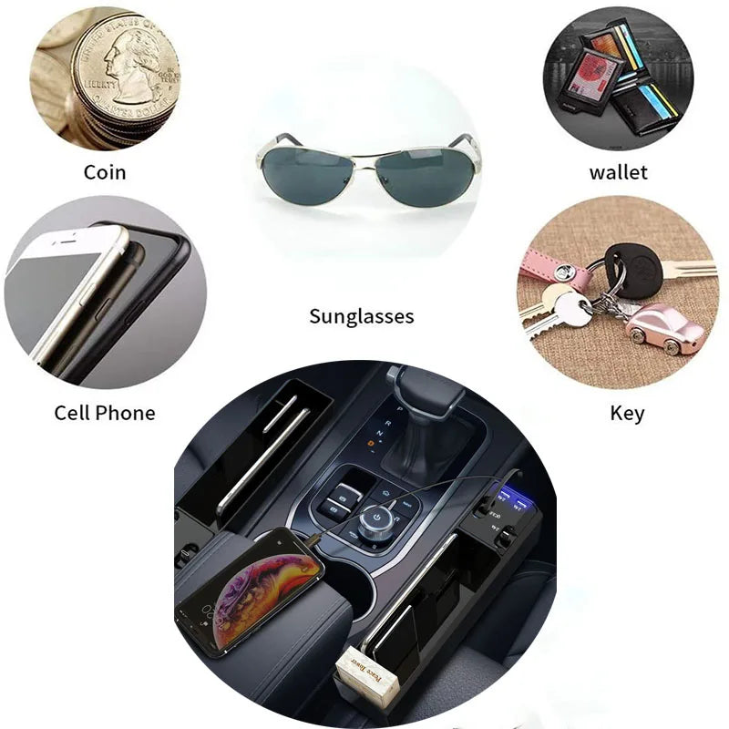 Car Seat Gap Filler Organizer With 2 USB Ports and 3 Charging Cable of Type C, 8 Pin,