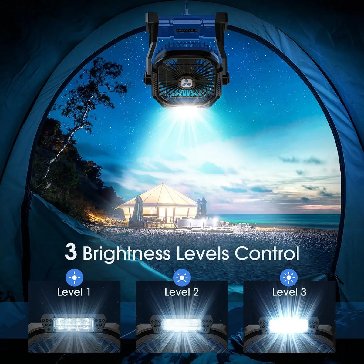 Portable Rechargeable Camping Fan with LED Light Brushless Motor 4 Speed USB Power Fan