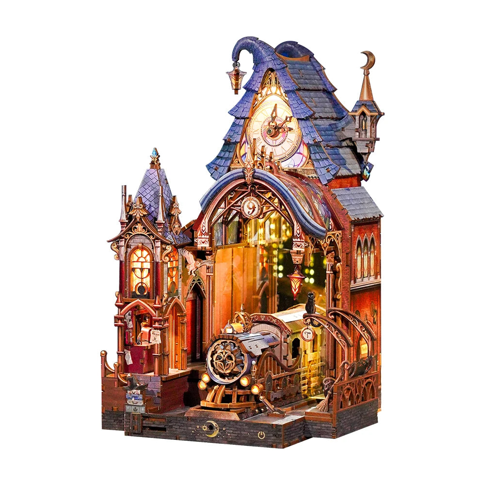 Tonecheer 3D Wooden Puzzle LED Magic Platform Detachable Train DIY Book Nook Kit