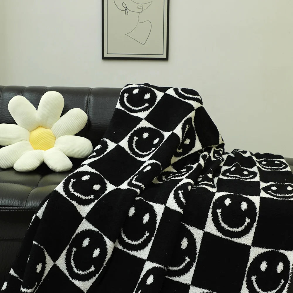 Customizable Smiley Face Double-Sided Thermal Knit Throw Chunky Black White Fleece Beach