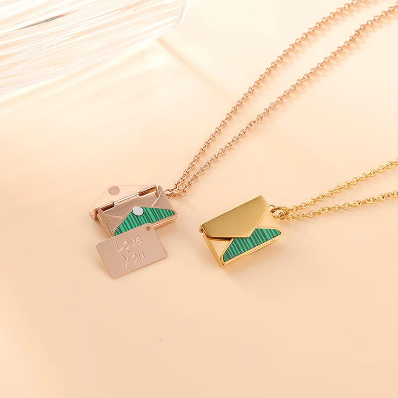 Customized Stainless Steel Envelop Necklace Green Stripe Love Letter Necklace