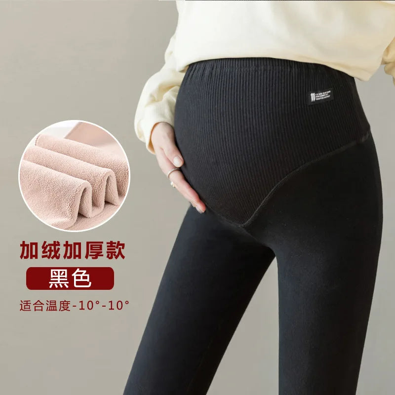 Autumn Winter Maternity Pants Fleece-Lined Breathable Thickened Outerwear Leggings Ribbed