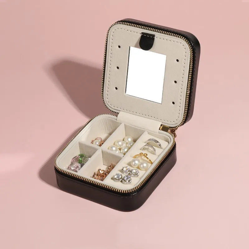 Women'S PU Leather Small Travel Jewelry Box Square Ring Organizer with Mirror