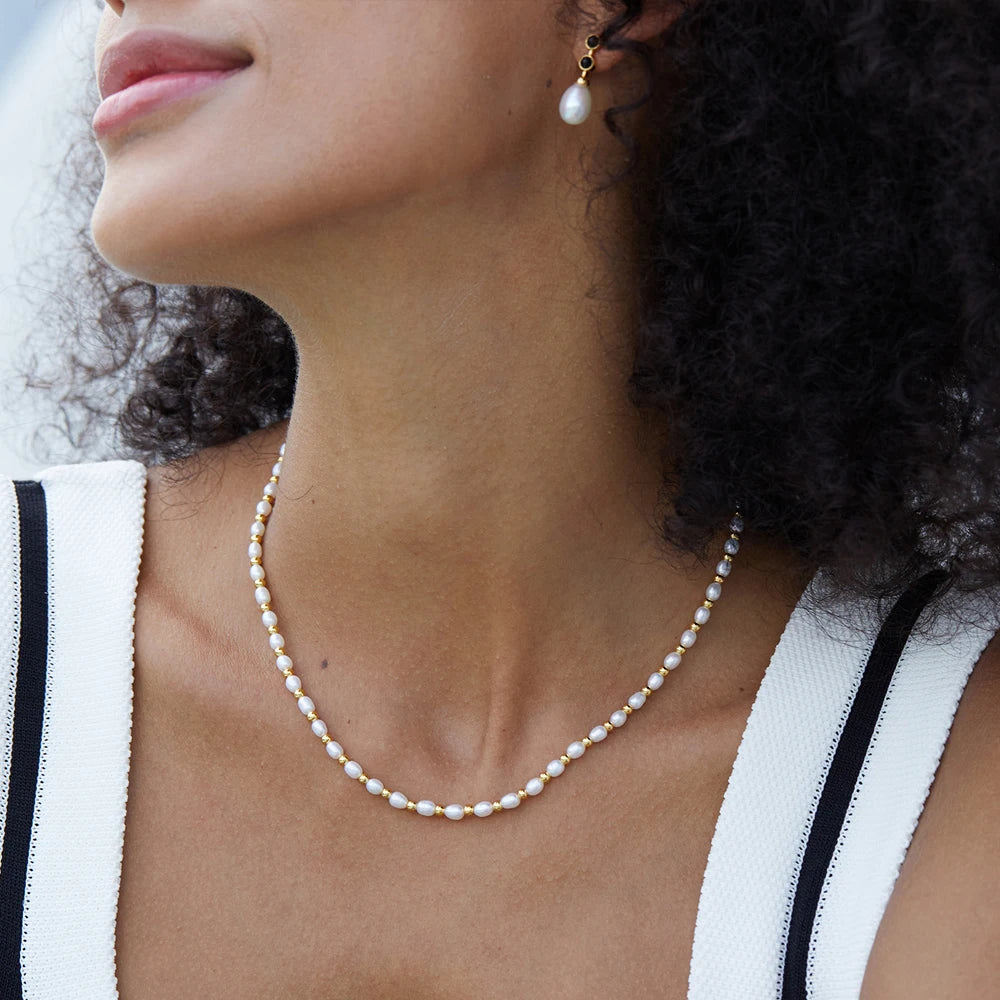 Minimalist 18k Gold Plated Stainless Steel Necklaces for Women Mom Freshwater Pearl Beads