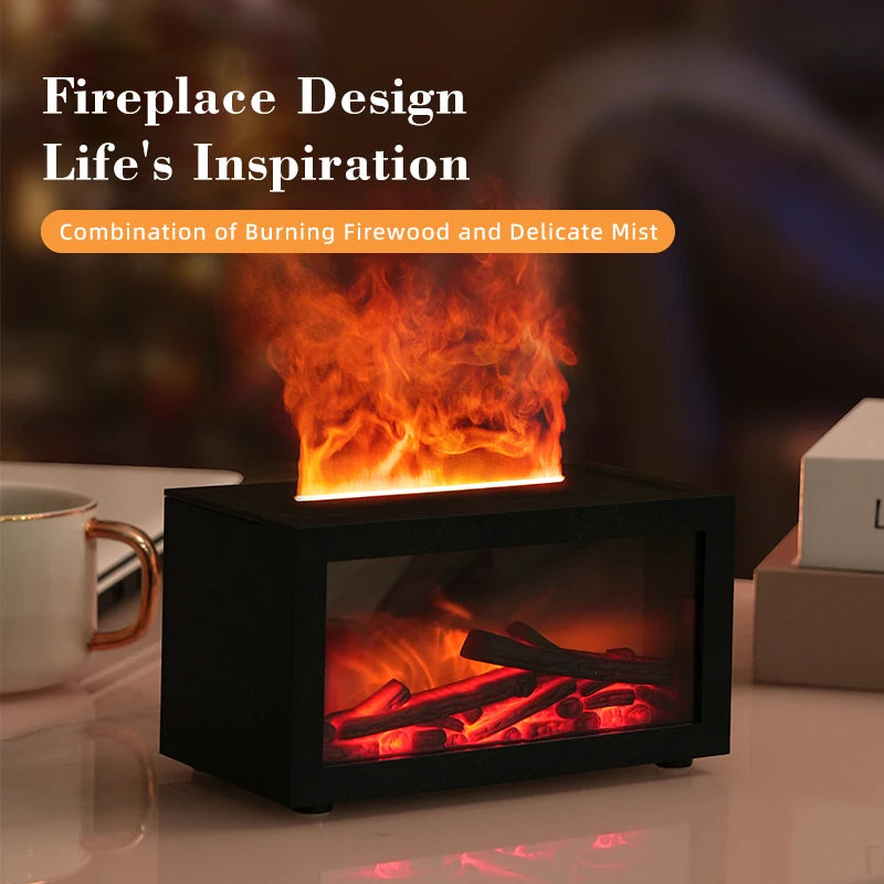 3D Realistic Flame Fireplace Diffuser Humidifier 200ml Large Tank Type-C Charging Quiet