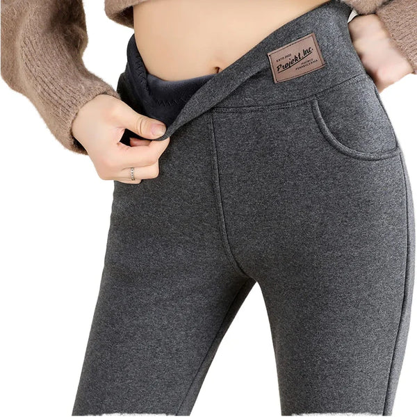 Casual Winter Warm Fleece Leggings Breathable Seamless Knitted Fabric Pockets Thick