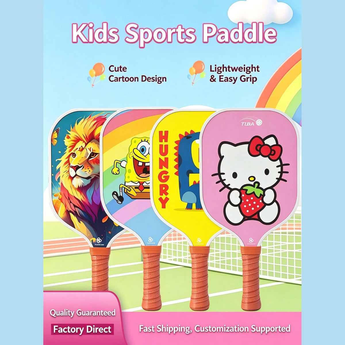 Yellow Cartoon Pickleball Paddle Set Fiberglass Honeycomb Core TPU Edge Lightweight Kids