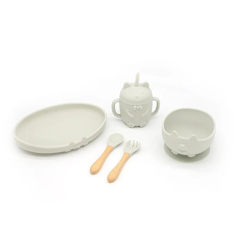 Food Grade Silicone Baby Feeding Set With Cup Bowl Plate Bib Spoon and Fork Easy Clean