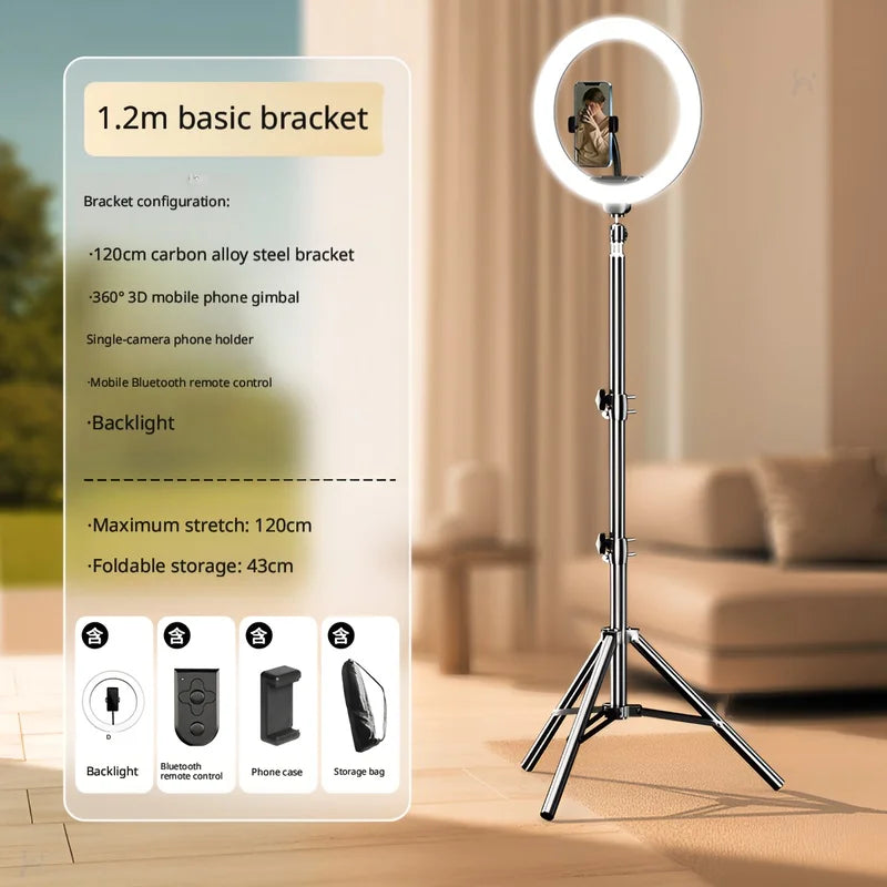 Portable Foldable Ring Light Stand with Phone Holder, Dimmable Live Stream Tripod