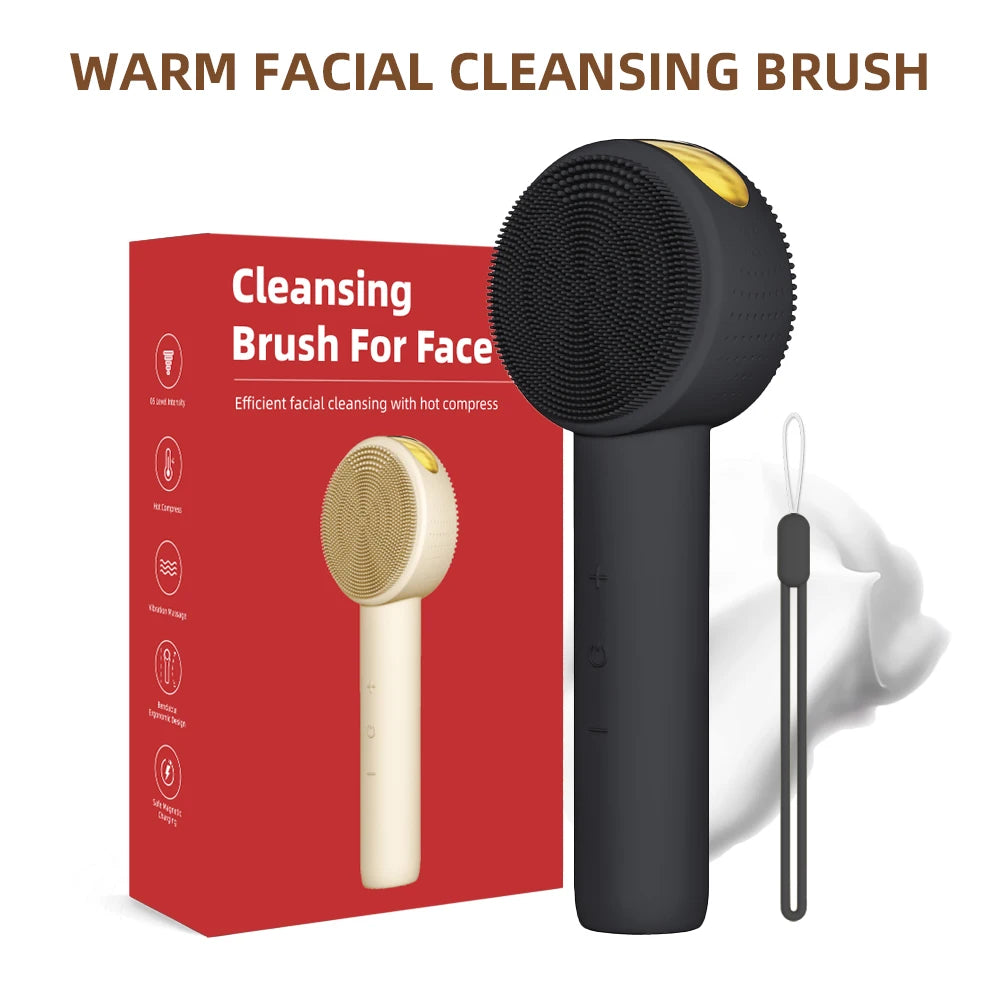 Heated Electric Soft Silicone Facial Cleansing Brush Handheld Double Side Face Scrubber