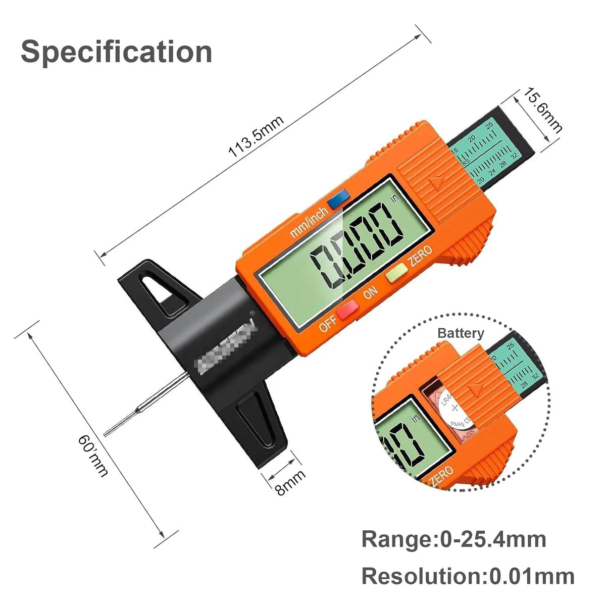 Orange Color Digital Tire Tread Depth Gauge in 1 Inch/25.4 Mm for All Vehicle Tires