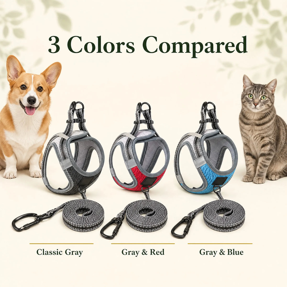 Dog and Cat Harness Leash Set No Pull Y for Dogs and Cats Solid Color Mesh Padded