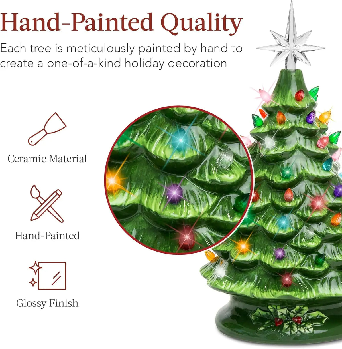 15 Inch Pre Lit Ceramic Pine Christmas Tree 64 Multicolor Lights Star Topper Hand Painted