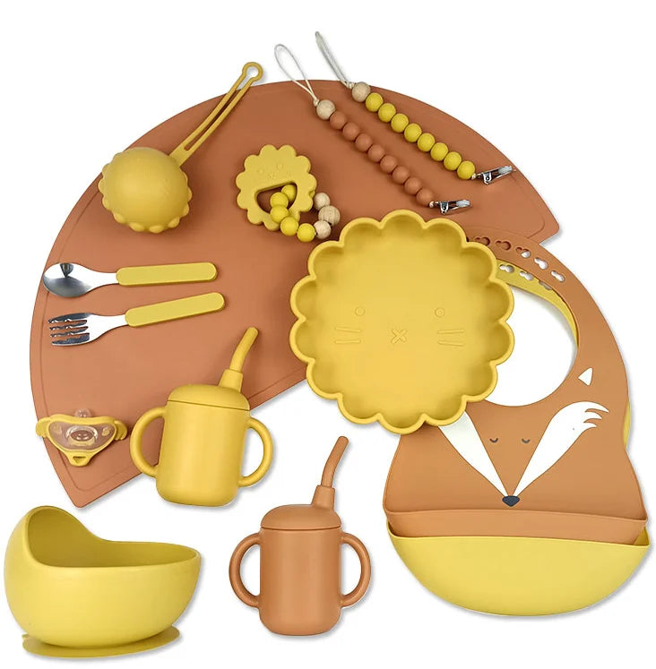 8pc Bebe Silicone Feeding Set Toddler Weaning Set Suction Bottom Infant Dining Tableware