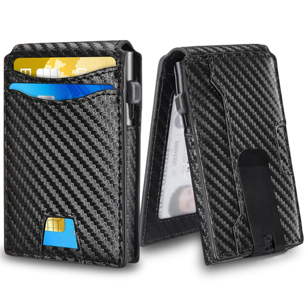 Minimalist Carbon Fiber Leather Card Holder Wallet with Metal Money Clip Slim Metal