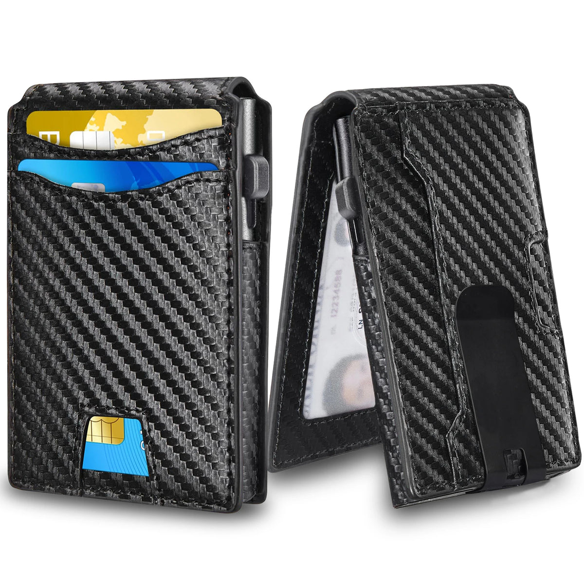 Minimalist Carbon Fiber Leather Card Holder Wallet with Metal Money Clip Slim Metal