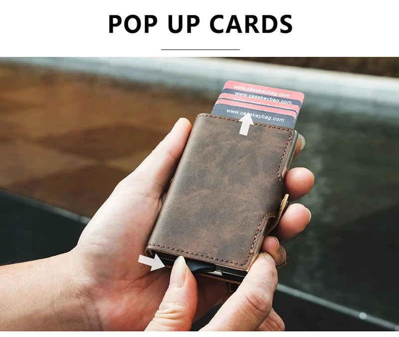 Aluminum Pop Up Card Holder Men PU Leather Minimalist Wallet with Zipper Pocket Credit