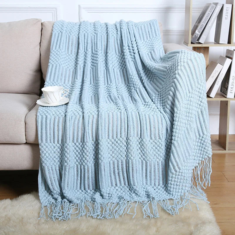 Chunky Knitted Blanket Sofa Throw Blanket With Tassels Weighted Blanket for Winter