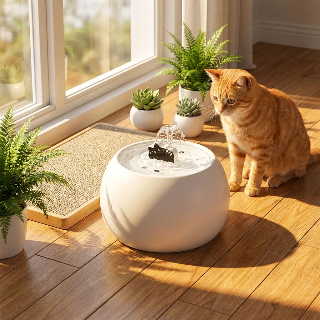Cute Kitty Ceramic Pet Water Fountain Automatic Drinking Dispenser For Cats Dogs Wireless