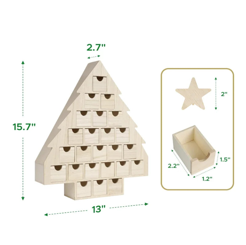 Painted Solid Wood Christmas Tree Shaped Countdown Calendar Storage Box Advent Drawers
