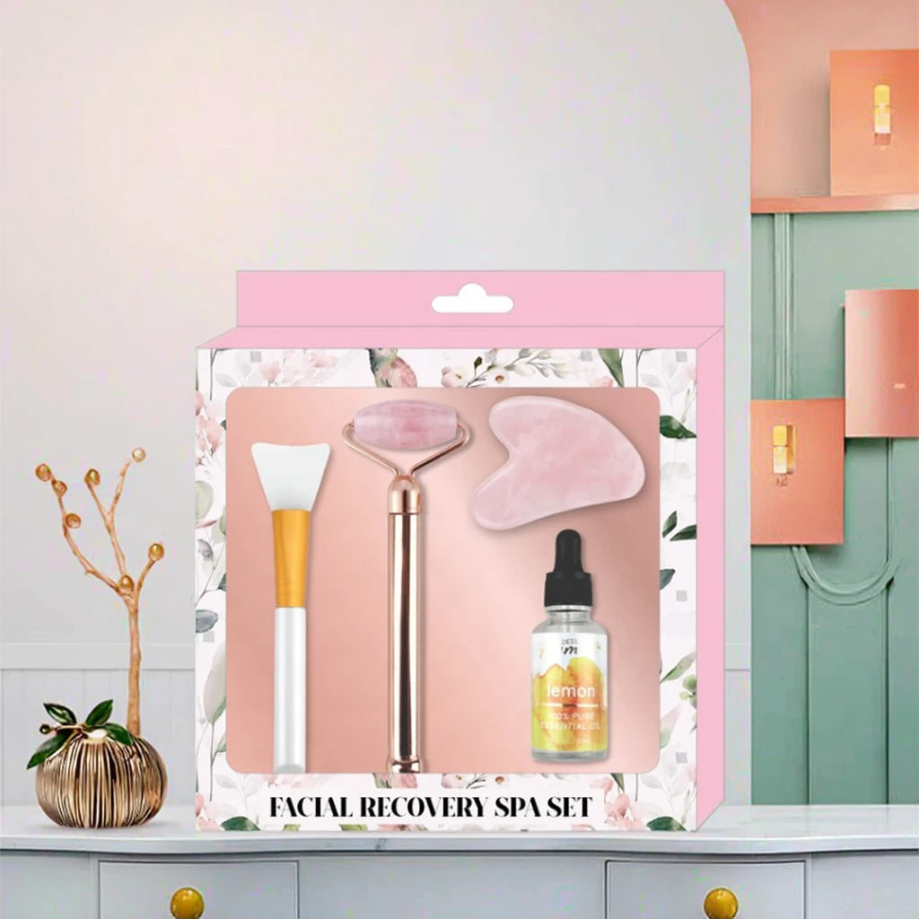 Crystal Rose Quartz Jade Roller Gua Sha Packaging Organic Skincare Set With Box