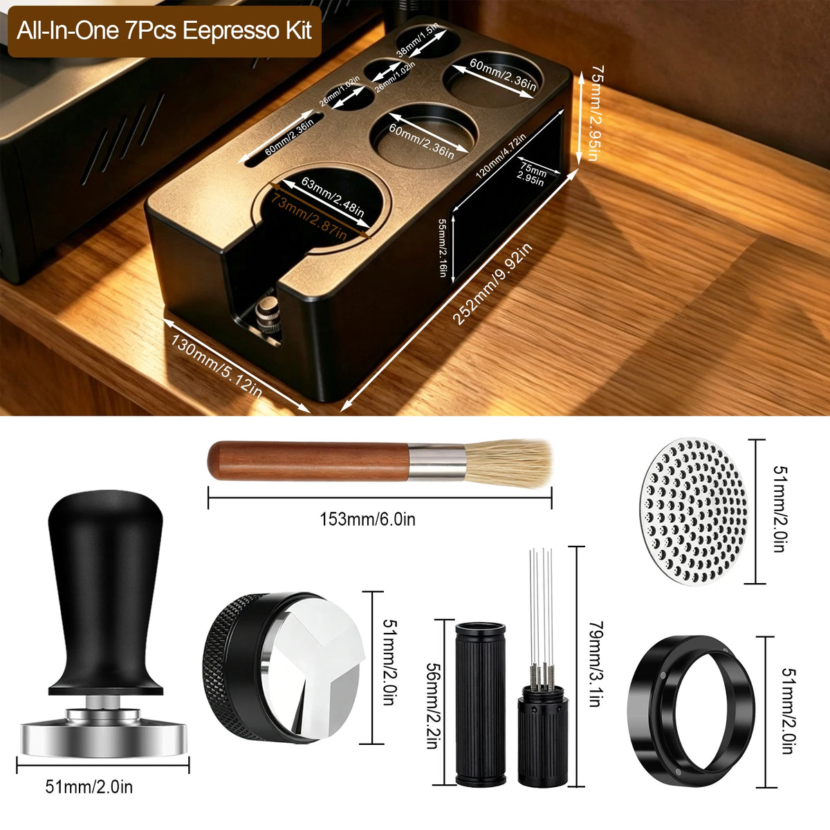Professional Espresso Tamper Holder Kit 7 in 1 Coffee Distributor Needle WDT Tool Dosing