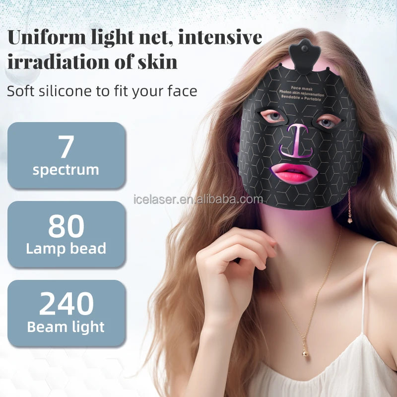 LED Face Mask with 7 Light Colors Including Red and Infrared, Black