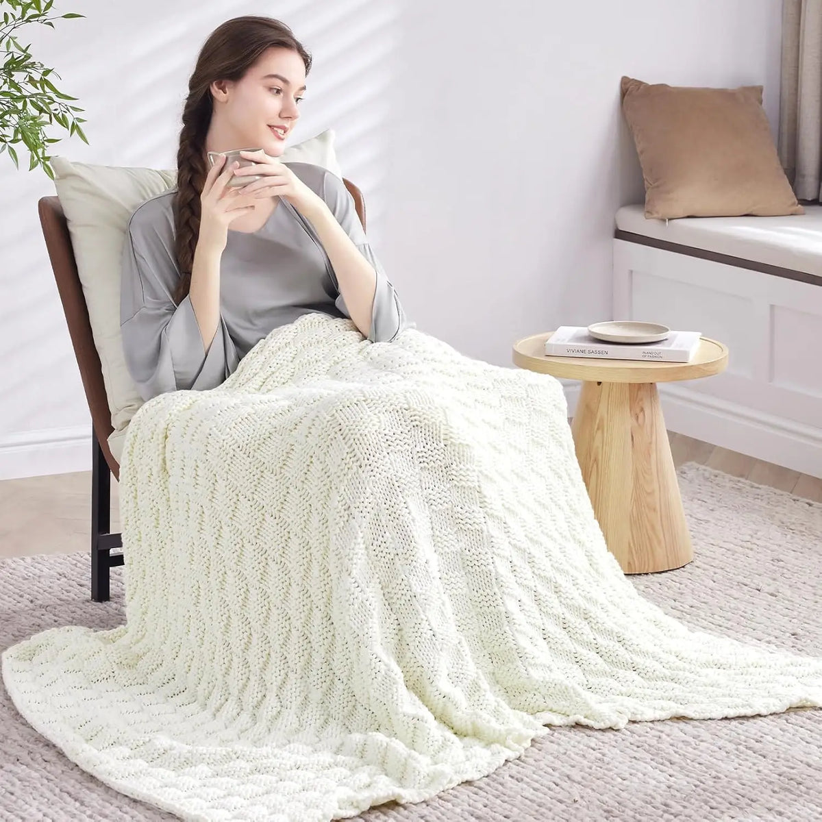 Polyester Knitted Blanket Adult No Beads Heavy 48 X 72'' Breathable Chunky Knit Cooling