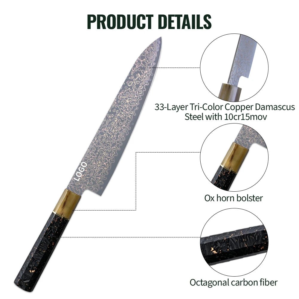 Professional Japanese Damascus Chef Knife 10Cr15MoV Custom Kitchen Knives 33 Layer Tri