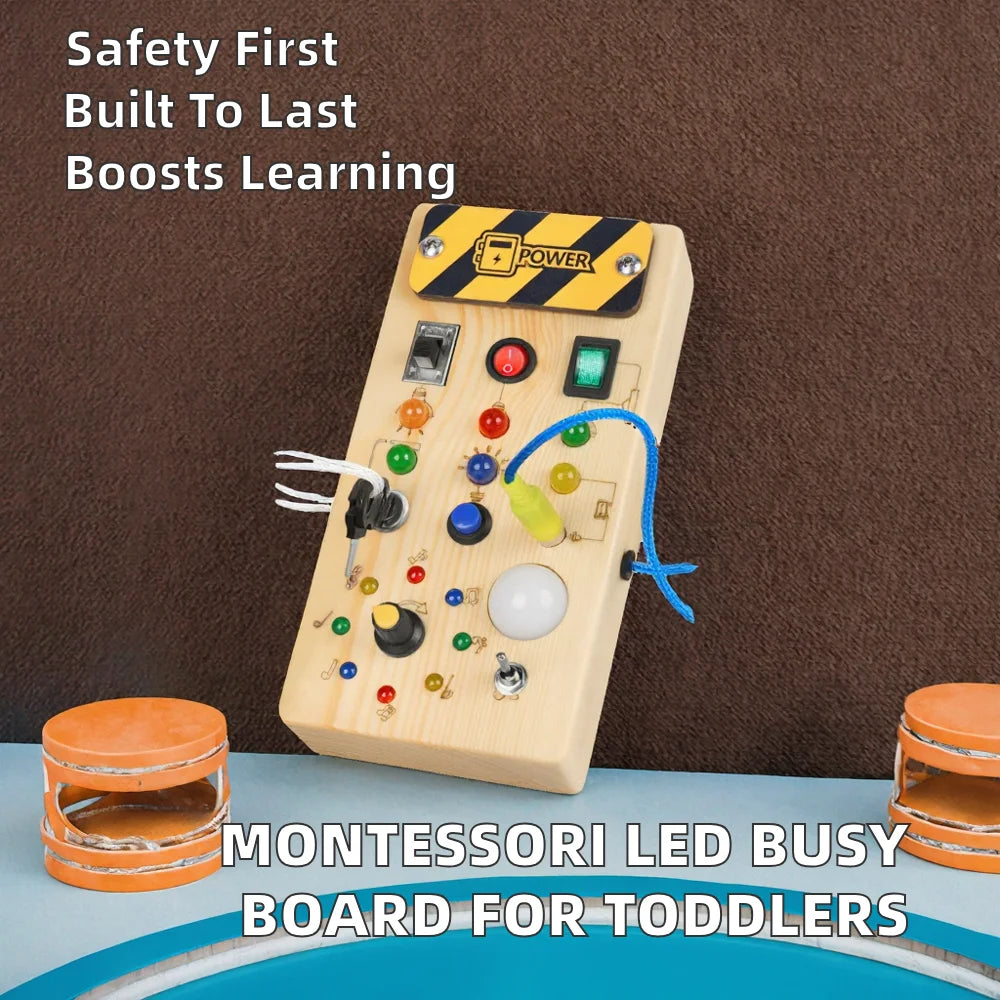 Montessori Sensory Toys for Toddler Safe Wood Power Busy Board Sets with 8 LED Light