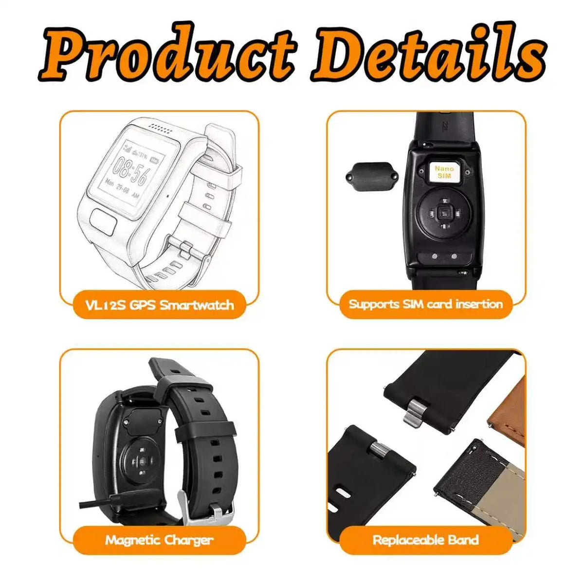VL12S Elderly Smart Watch SOS Emergency Call GPS LBS Positioning Heart Rate Blood