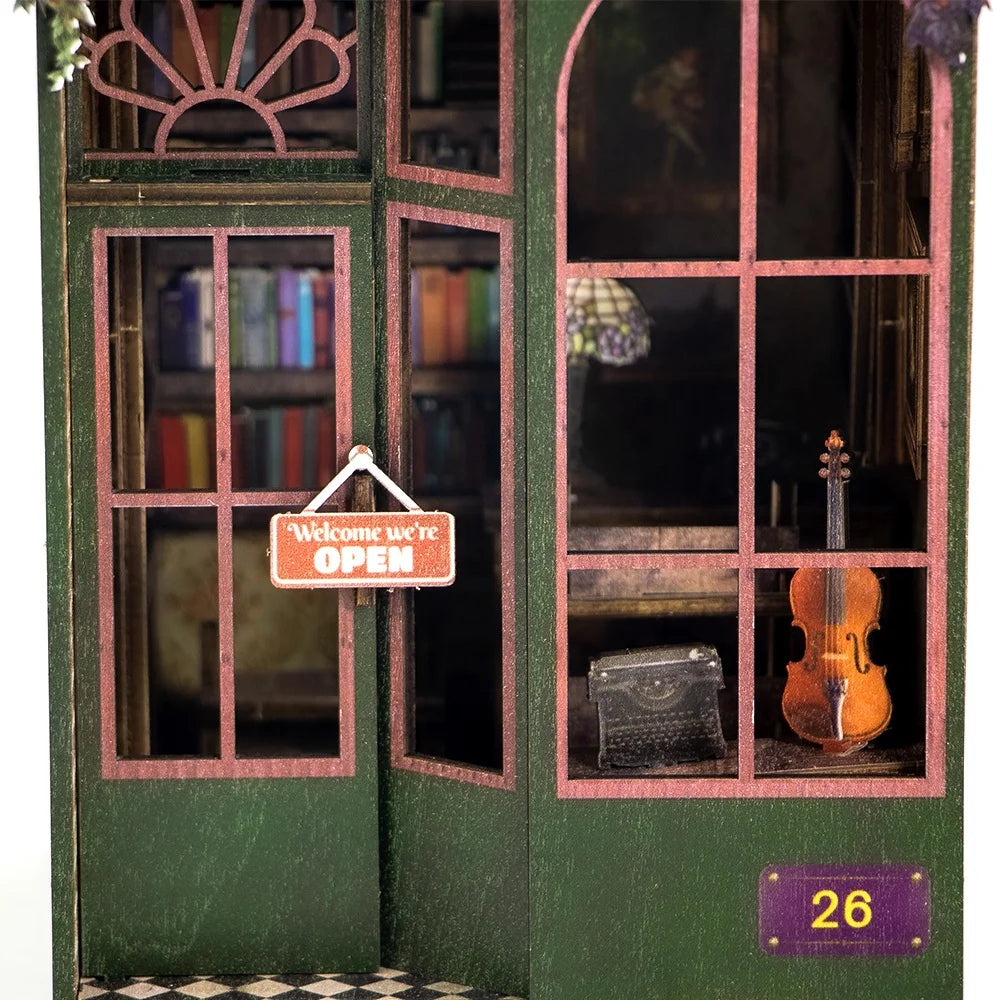 Library Book Nook Kit DIY 3D Wooden Puzzle Bookend with LED Light Miniature Doll House