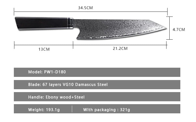 Keensun 67-Layer VG10 Damascus Steel Chef Knife with Ebony Wood Handle Ambidextrous Up
