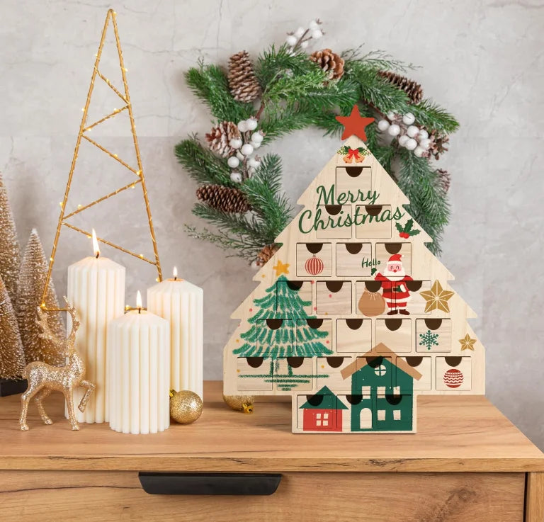 Painted Solid Wood Christmas Tree Shaped Countdown Calendar Storage Box Advent Drawers