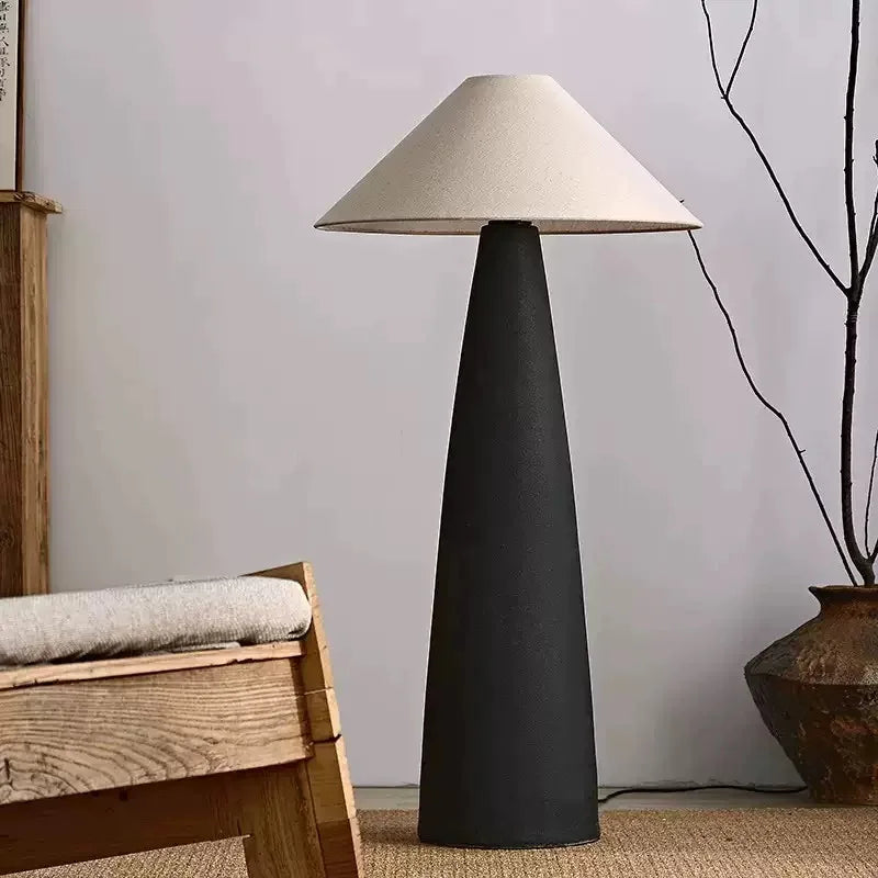 Wabi-Sabi Minimalist Tapered LED Floor Lamp, Black Matte Base Beige Linen Cone Shade