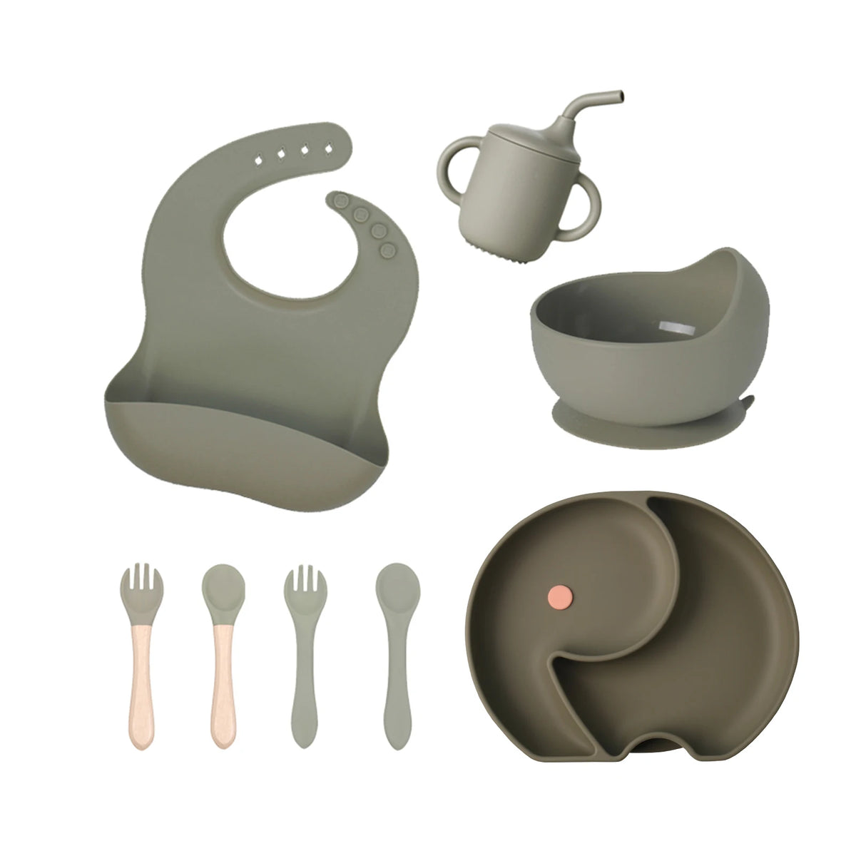Baby Silicone Dinner Set Tableware BPA Free Bowl Adjustable Bib Tableware Feeding Sets