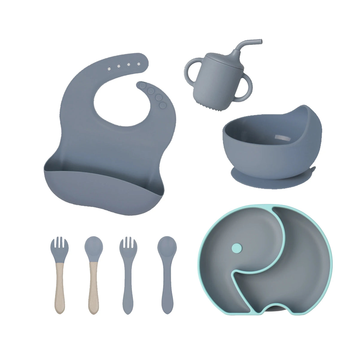 Baby Silicone Dinner Set Tableware BPA Free Bowl Adjustable Bib Tableware Feeding Sets
