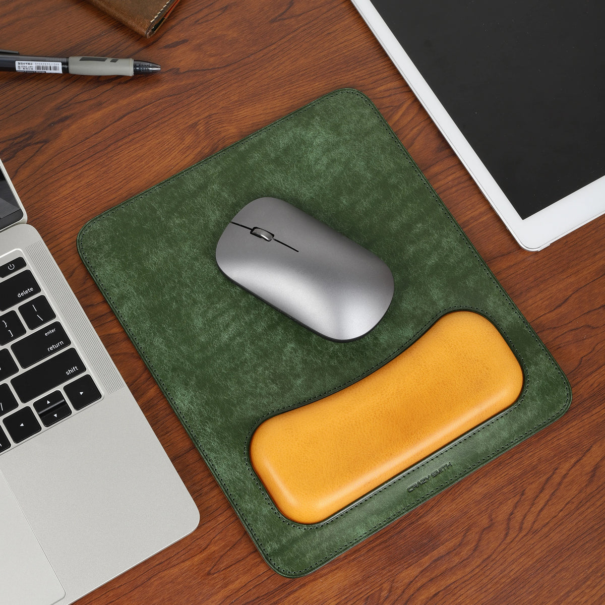 Vintage Frosted Leather Mouse Pad with Minerva Box Leather Wrist Rest, Ergonomic Desk Mat