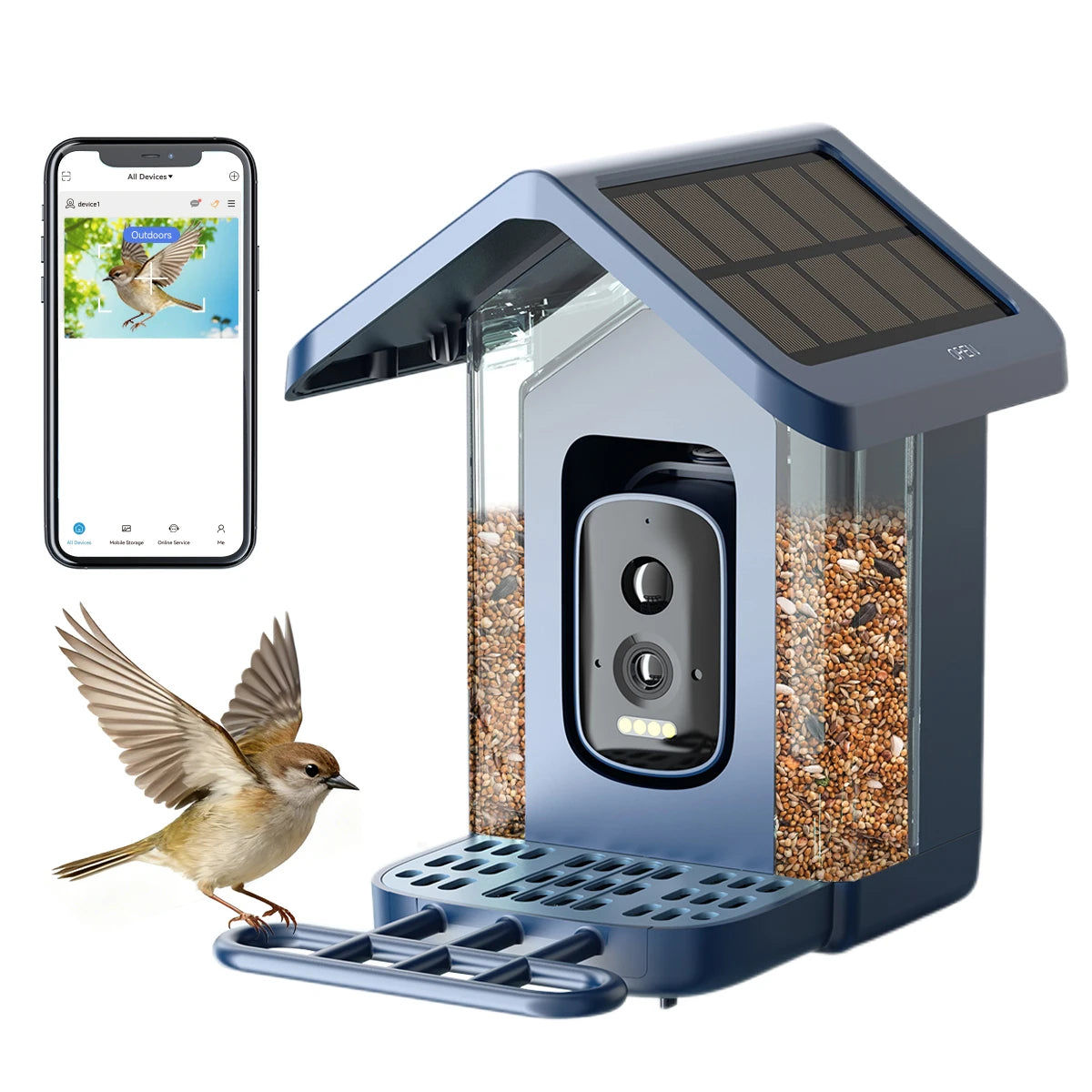 Solar Powered Durable ABS Smart Bird Feeder AI Camera 2.5K HD PIR Detection IP66