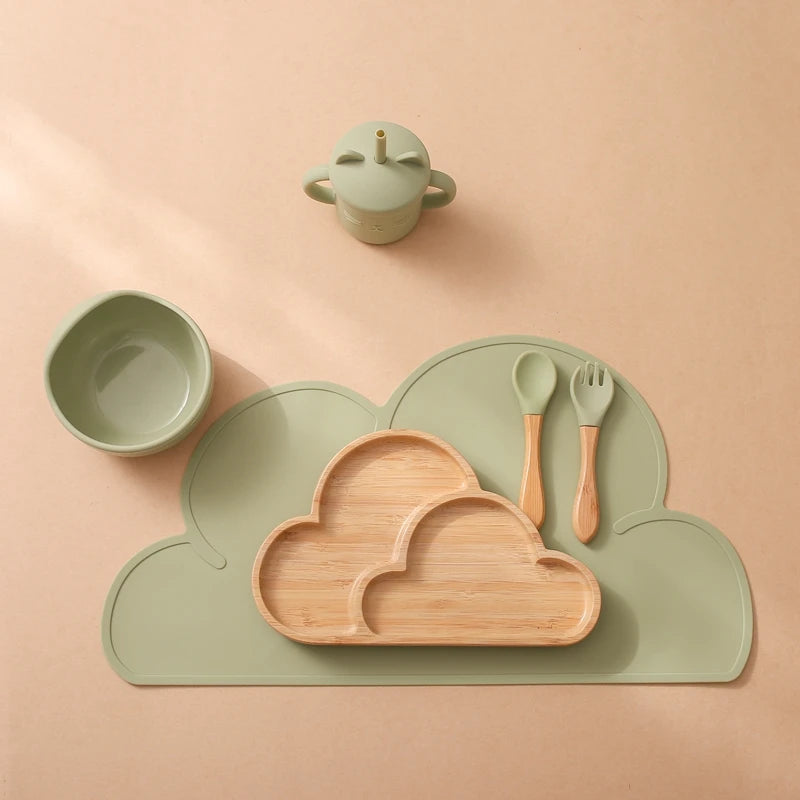 PGJ1201 Cartoon Design Silicone Baby Tableware Set Includes Plate Bowl Spoon Fork Sippy