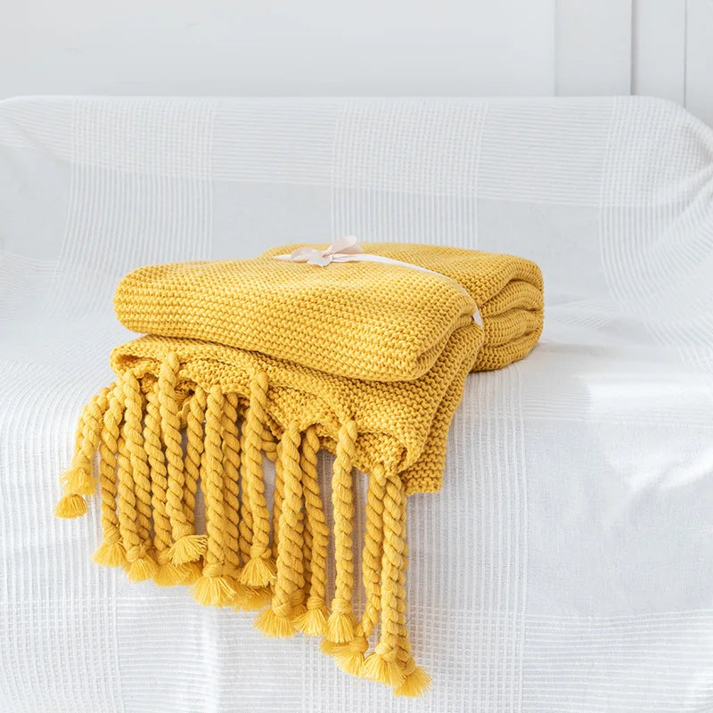 Luxury Knit Throw Blanket for Travel Picnic Beach Soft Chunky Cozy Fringed Warm Polyester