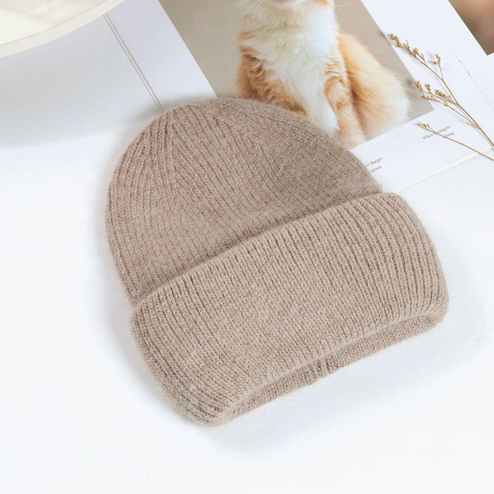 Knit Beanie Hat Real Angora Rabbit Fur Slouchy Skull Cap Winter Warm Stocking Hats