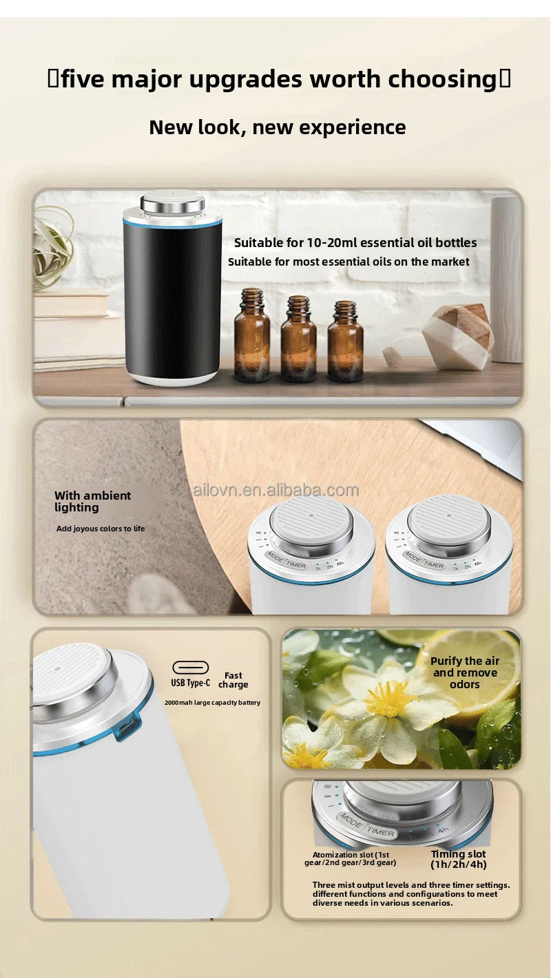 Luxury Portable 50Ml Alloy Smart Aroma Diffuser Machine Type-C Auto Car Essential Oil